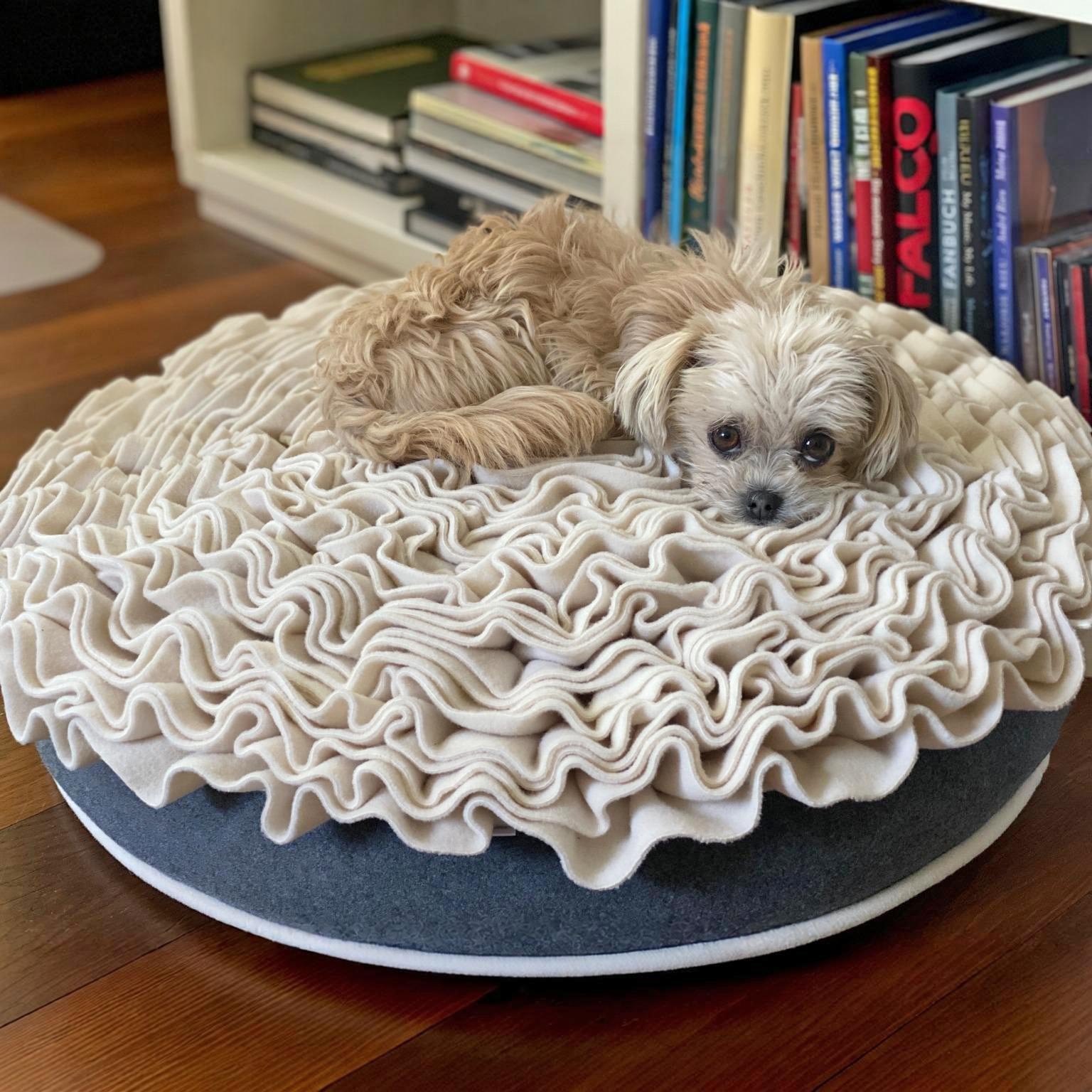 Mimi auf dem Hundekissen LOUNGE Rose creme/mittelgrau, ø 55 cm